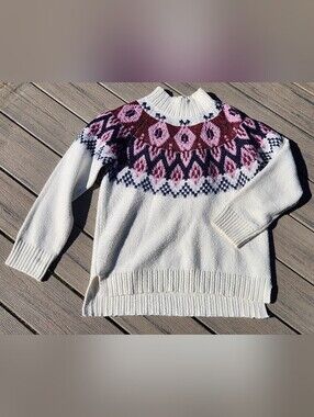 Maurices Cream Fair Isle Turtleneck Sweater with Pink and Burgundy Yoke